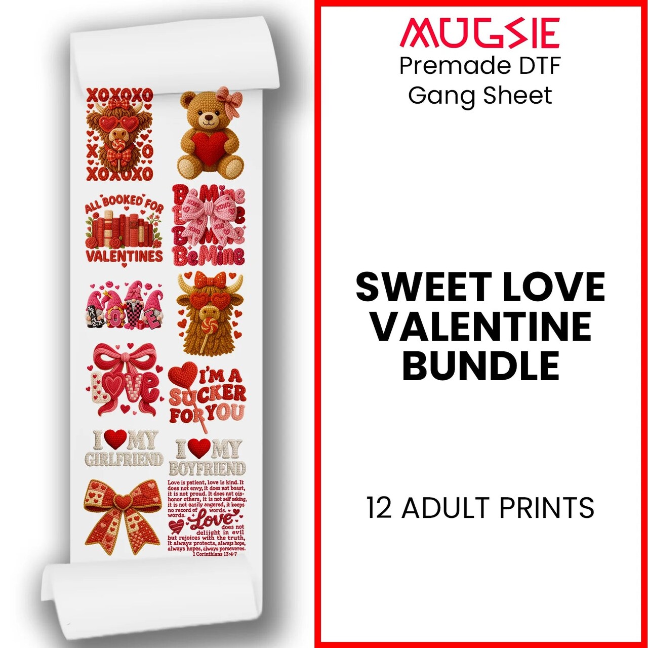 Valentines DTF Transfers - Faux Yarn Sweet Love Romance Gang Sheet - 12 Ready to Press Prints